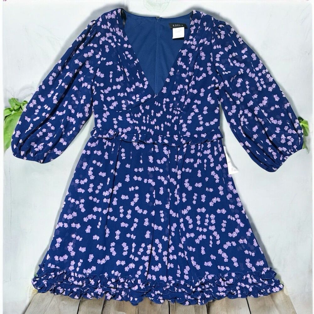 B Darlin Juniors Dress 9/10 Floral Chiffon Blue Lilac V Neck Flutter Lined